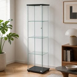 Glass Display Storage Cabinet 4 Tier Black Lockable Wheels Tempered Glass