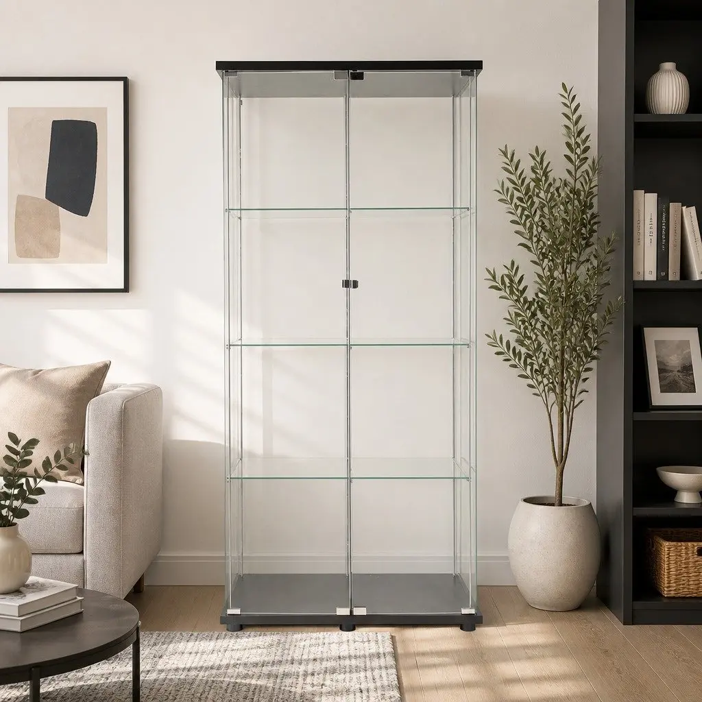 Glass Display Cabinet 4-Tier Tempered Glass Shelves 164cm Tall with Magnetic Doors