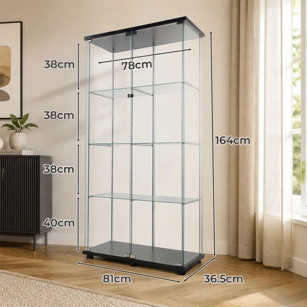 Glass Display Cabinet 4-Tier Tempered Glass Shelves 164cm Tall with Magnetic Doors