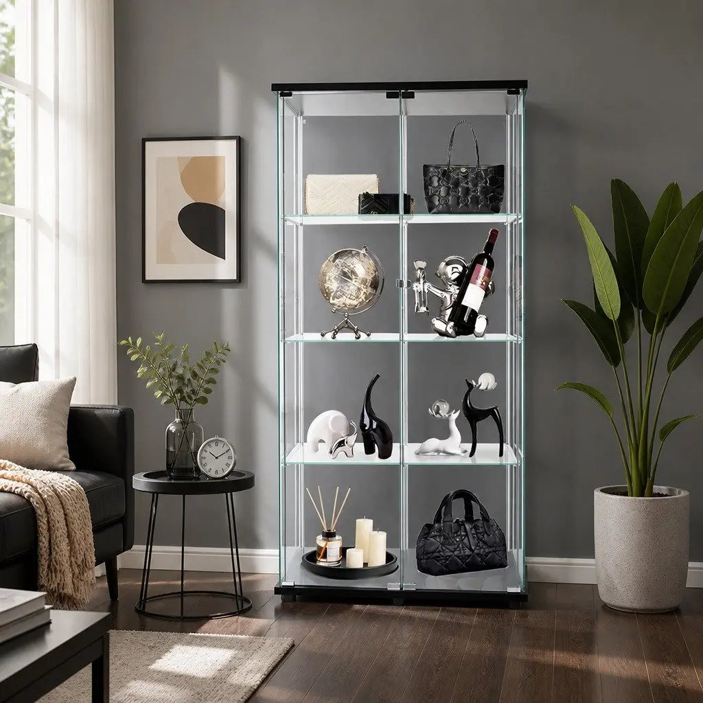 Glass Display Cabinet 4-Tier Tempered Glass Shelves 164cm Tall with Magnetic Doors