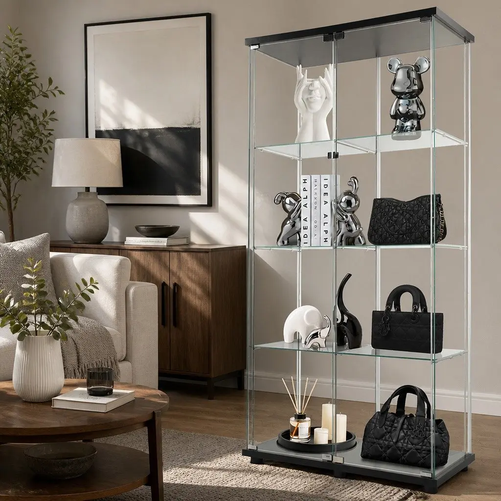 Glass Display Cabinet 4-Tier Tempered Glass Shelves 164cm Tall with Magnetic Doors