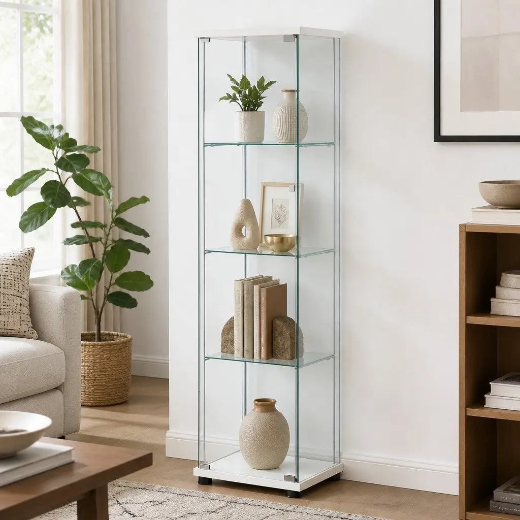 Display Cabinet White 4 Tier Tempered Glass Storage Shelf Unit