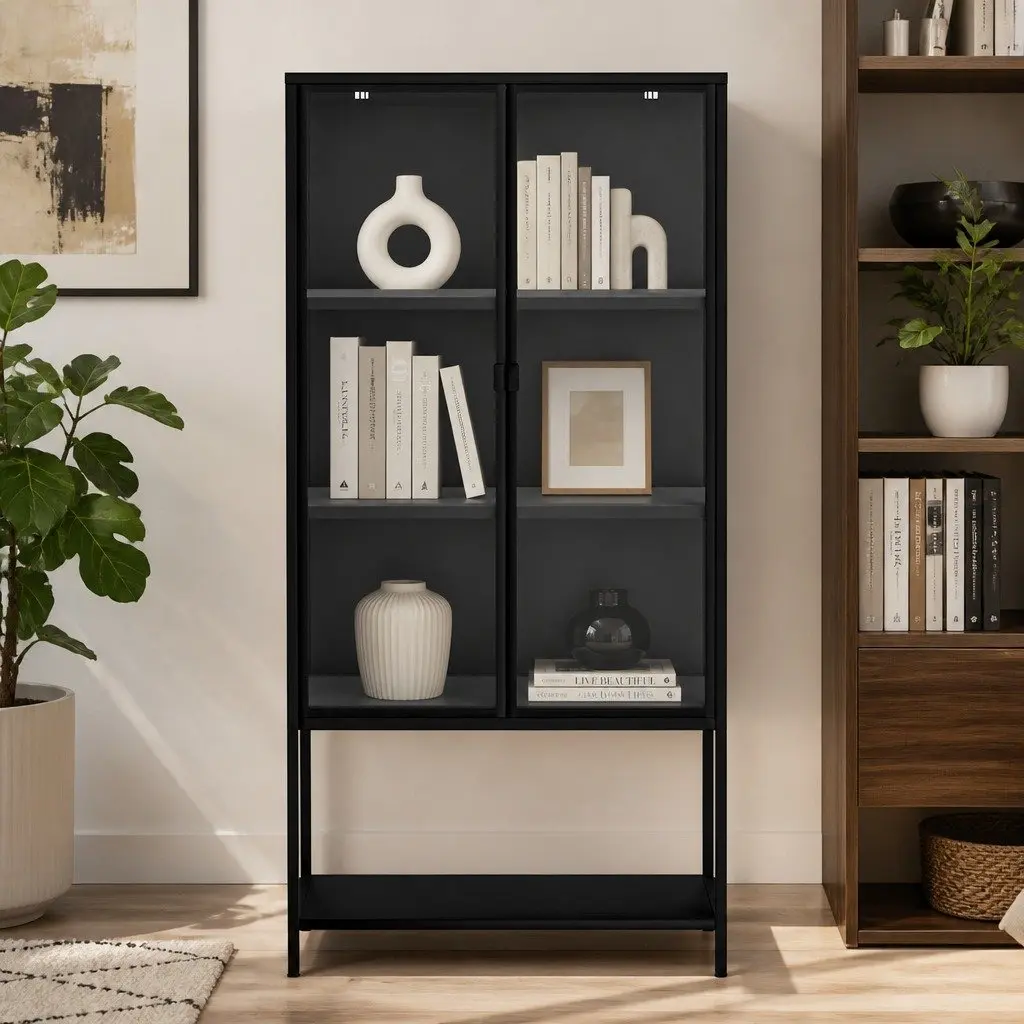 4 Tier Black Glass Cabinet Storage Shelving Adjustable Tempered Glass 80cm x 35cm x 160cm
