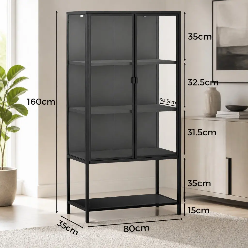4 Tier Black Glass Cabinet Storage Shelving Adjustable Tempered Glass 80cm x 35cm x 160cm