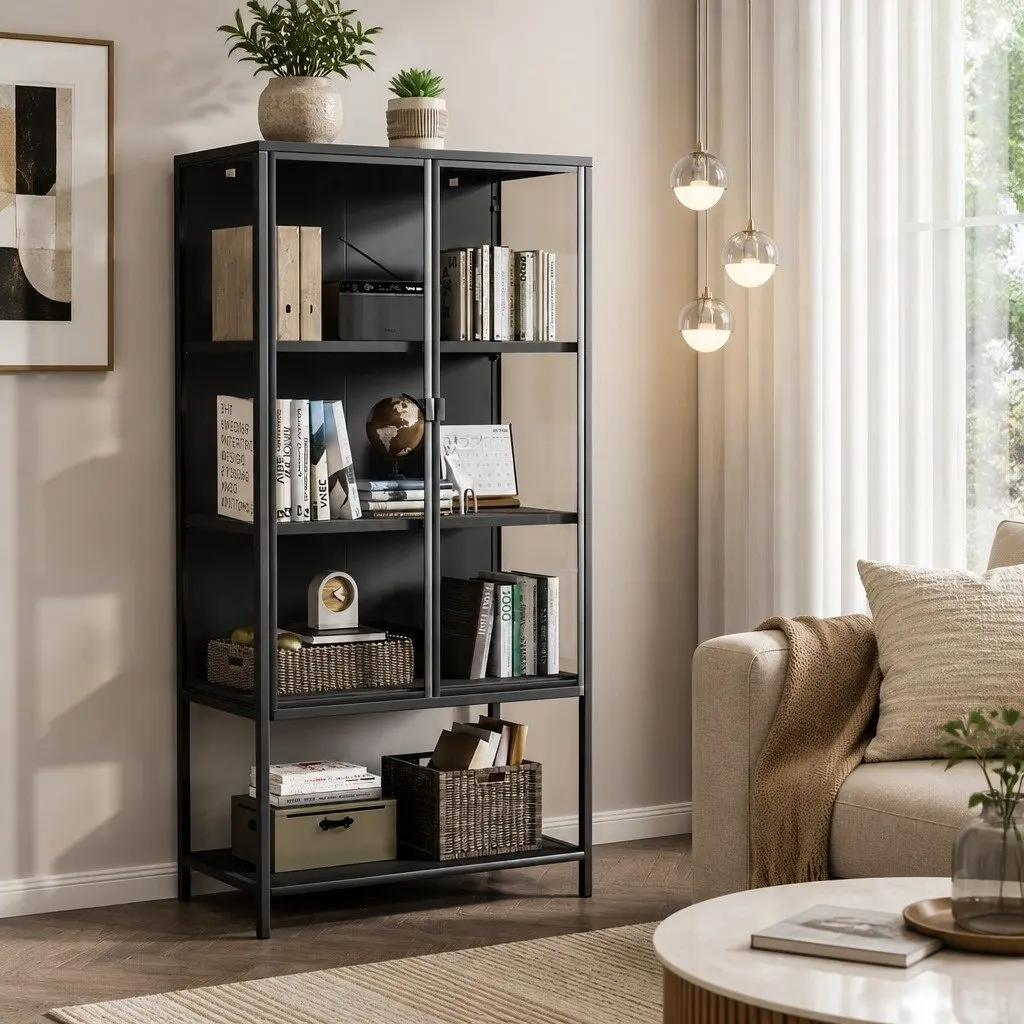 4 Tier Black Glass Cabinet Storage Shelving Adjustable Tempered Glass 80cm x 35cm x 160cm