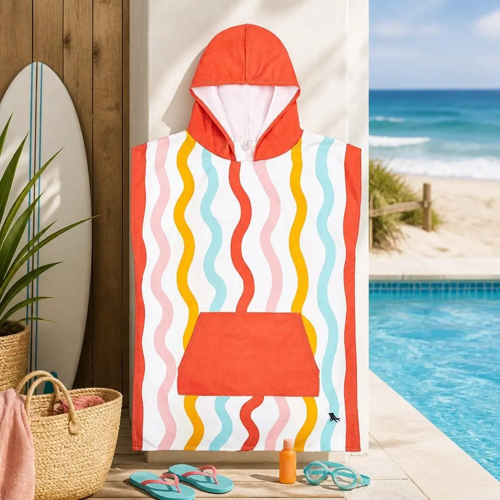 Kids Hooded Poncho Towel Quick Dry Medium Squiggle Face 7-10 Years