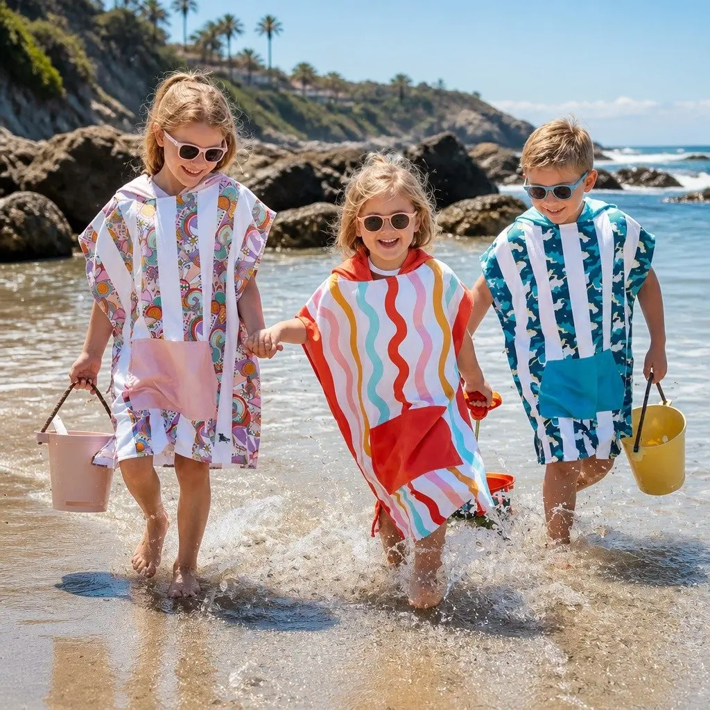 Kids Hooded Poncho Towel Quick Dry Medium Squiggle Face 7-10 Years