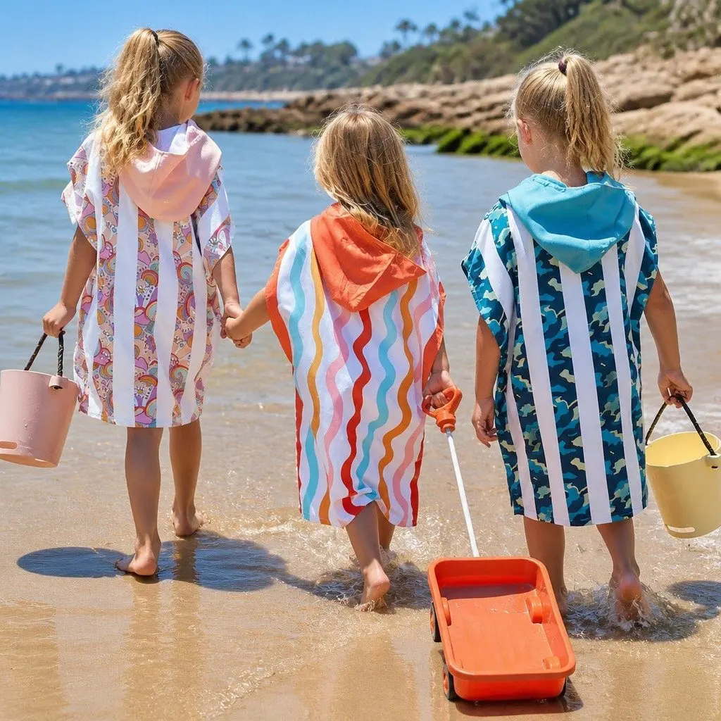Kids Hooded Poncho Towel Quick Dry Medium Squiggle Face 7-10 Years