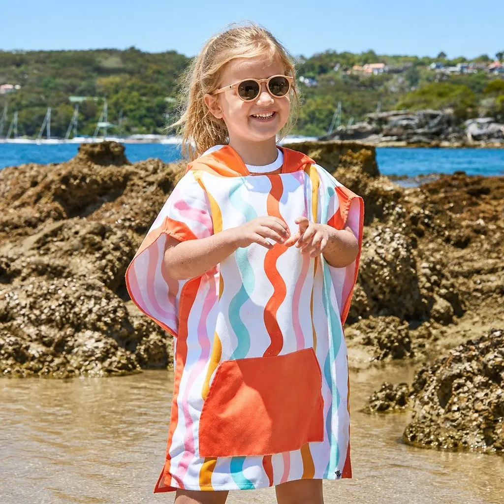 Kids Hooded Poncho Towel Quick Dry Medium Squiggle Face 7-10 Years