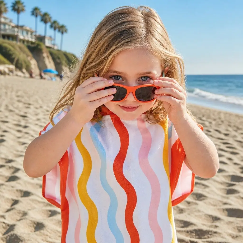 Kids Hooded Poncho Towel Quick Dry Medium Squiggle Face 7-10 Years