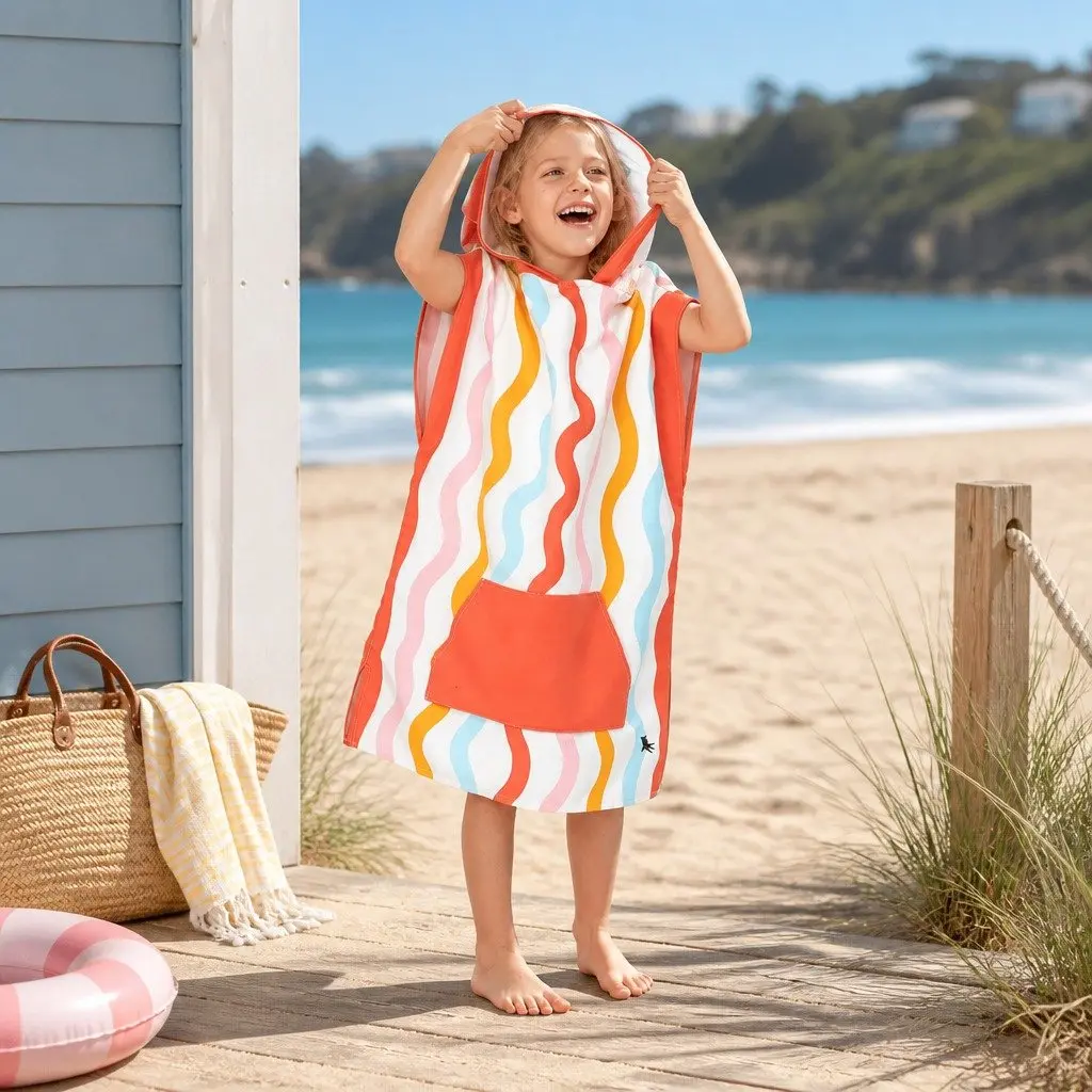 Kids Hooded Poncho Towel Quick Dry Medium Squiggle Face 7-10 Years