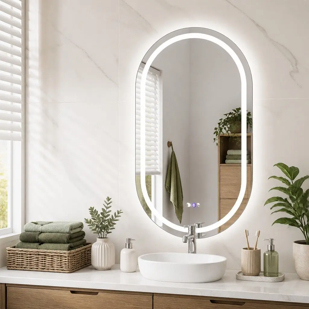 Oval LED Bathroom Wall Mirror 50x90cm Anti-fog Adjustable Brightness Colour Temperature