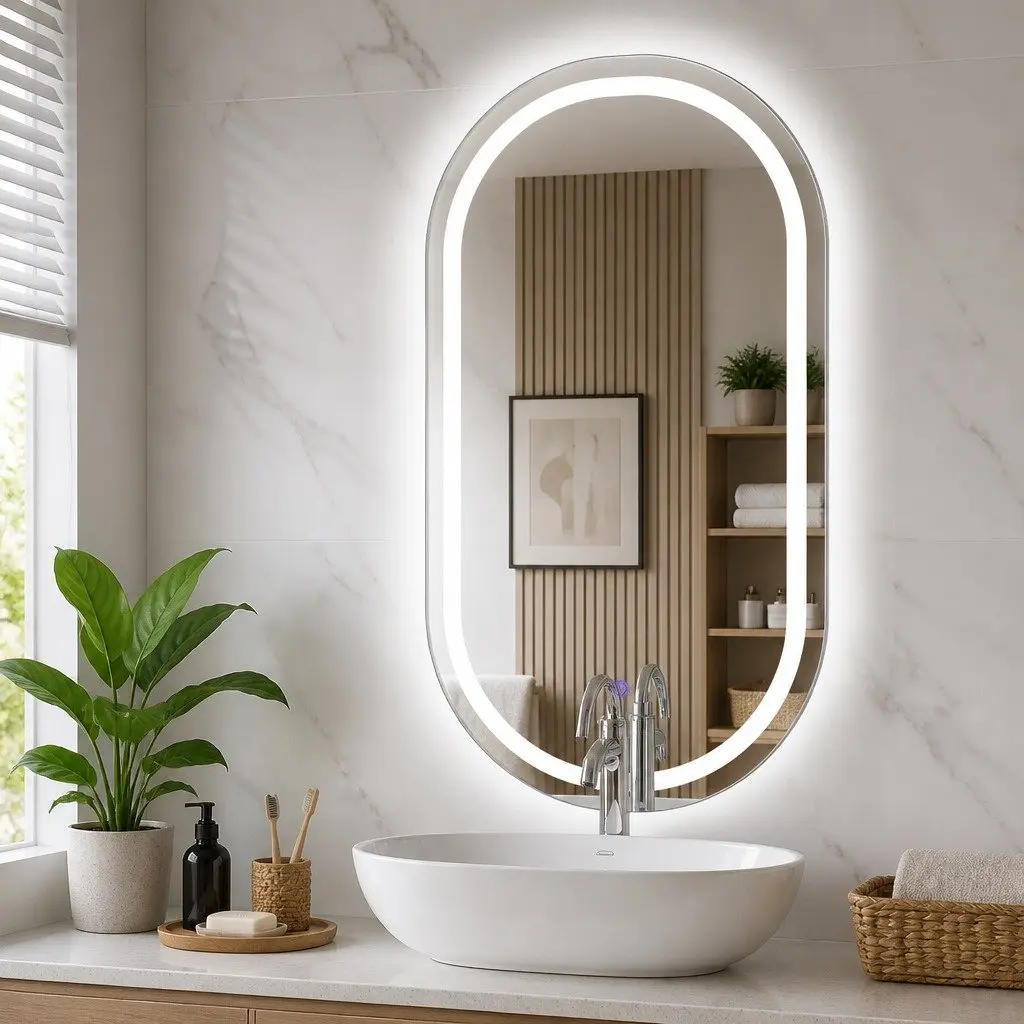 Oval LED Bathroom Wall Mirror 50x90cm Anti-fog Adjustable Brightness Colour Temperature