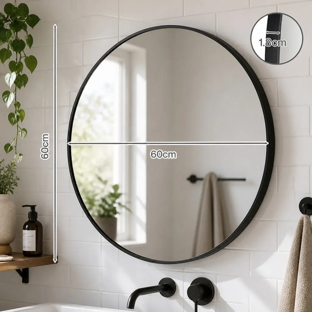 Round Wall Mirror Black Frame 60cm HD Glass Anti-explosion
