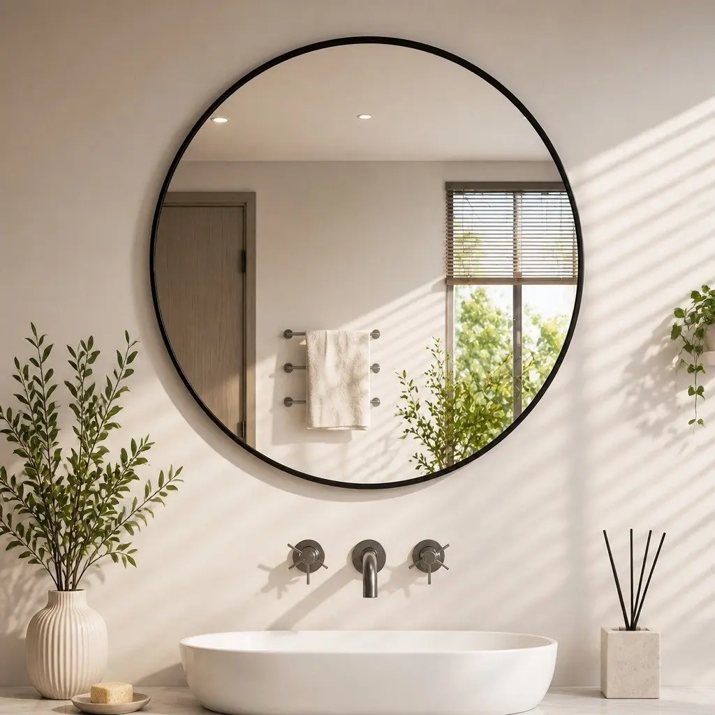 Round Wall Mirror Black Frame 60cm HD Glass Anti-explosion