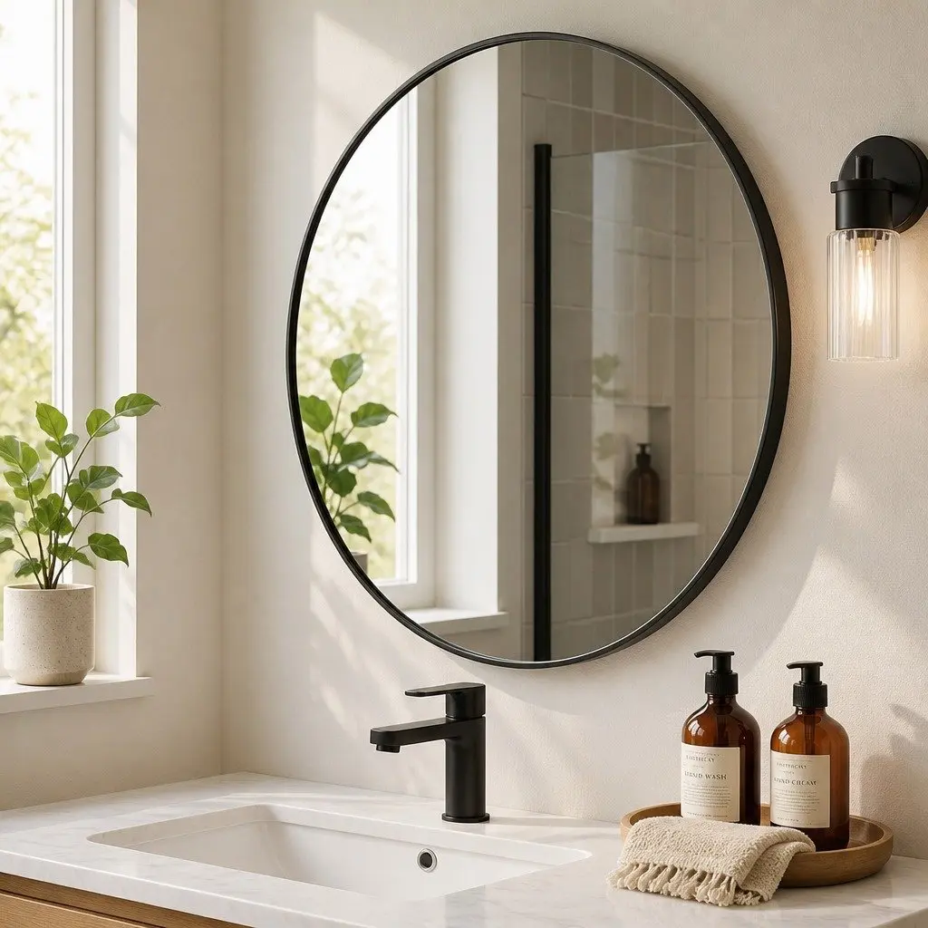 Round Wall Mirror Black Frame 60cm HD Glass Anti-explosion