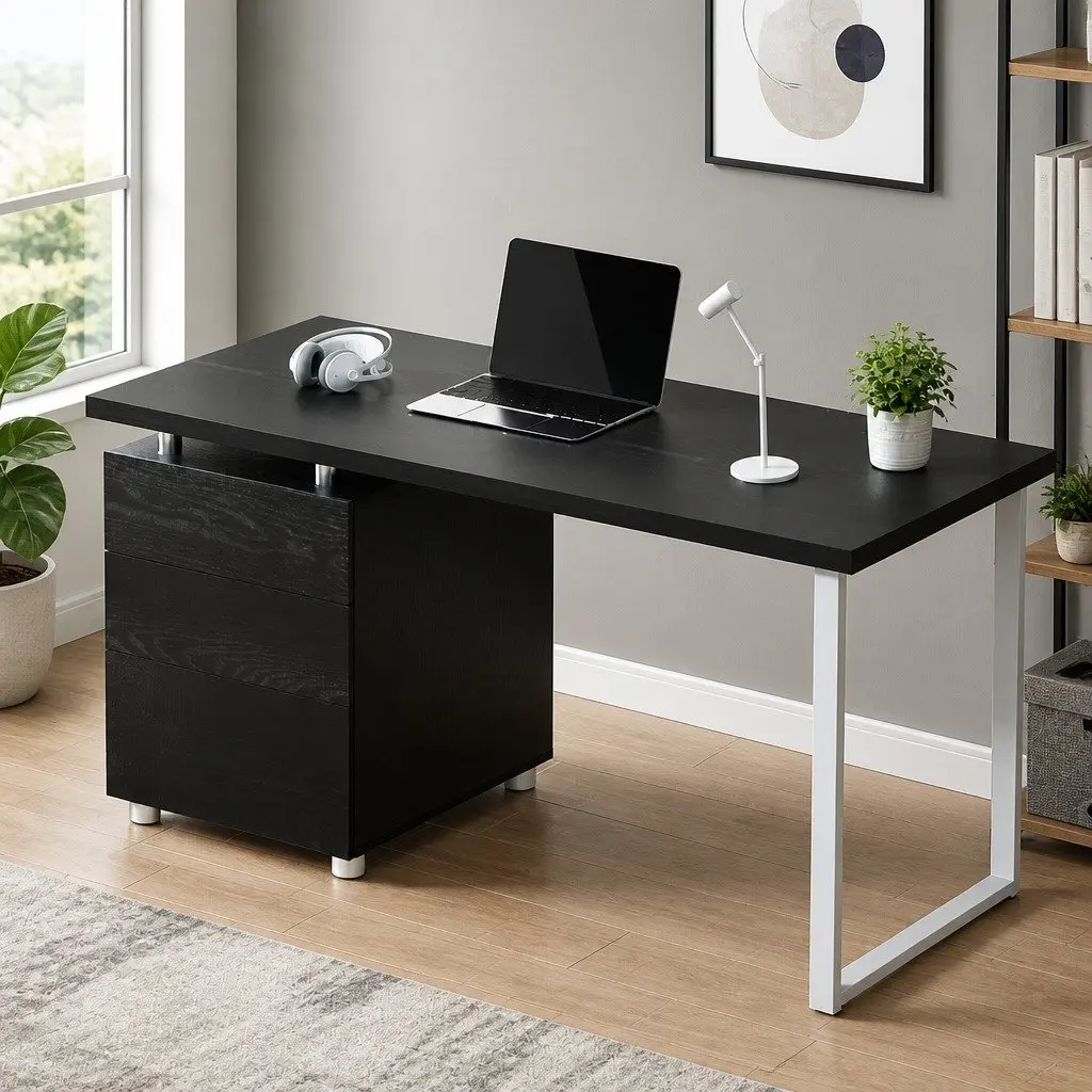Computer Desk Black 140cm Wide with 3 Drawers Office Workstation Study Table