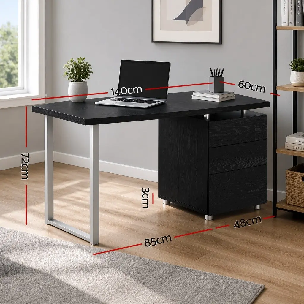 Computer Desk Black 140cm Wide with 3 Drawers Office Workstation Study Table