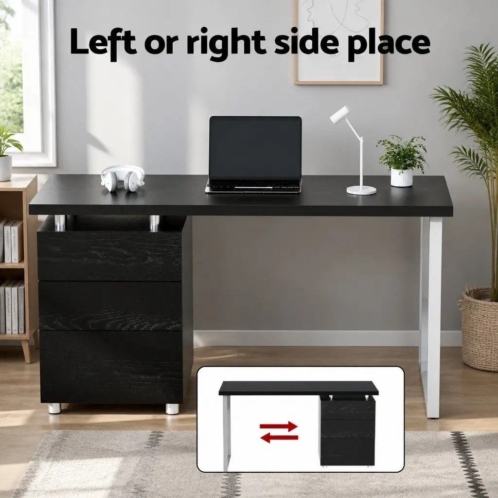 Computer Desk Black 140cm Wide with 3 Drawers Office Workstation Study Table