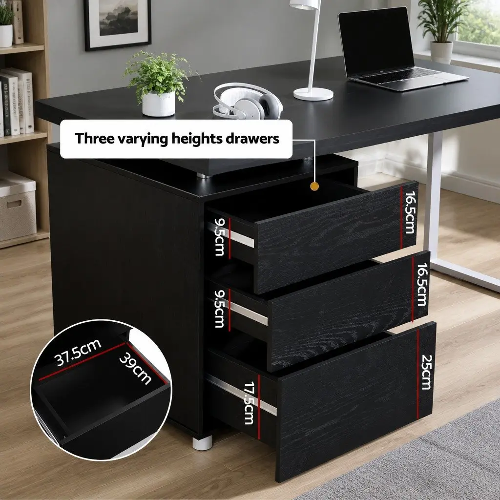 Computer Desk Black 140cm Wide with 3 Drawers Office Workstation Study Table