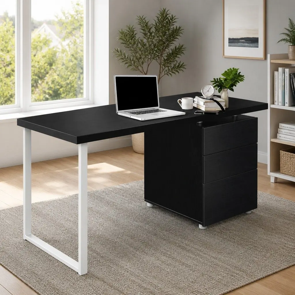 Computer Desk Black 140cm Wide with 3 Drawers Office Workstation Study Table