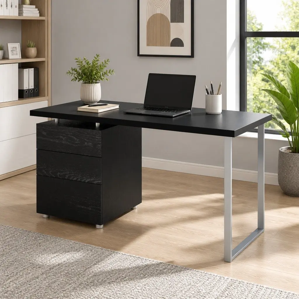 Computer Desk Black 140cm Wide with 3 Drawers Office Workstation Study Table