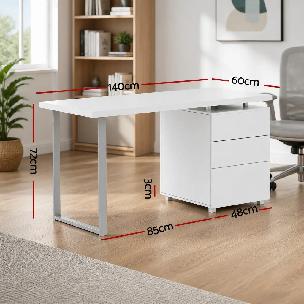 Computer Desk with 3 Drawers White 140cm Office Workstation Contemporary Design