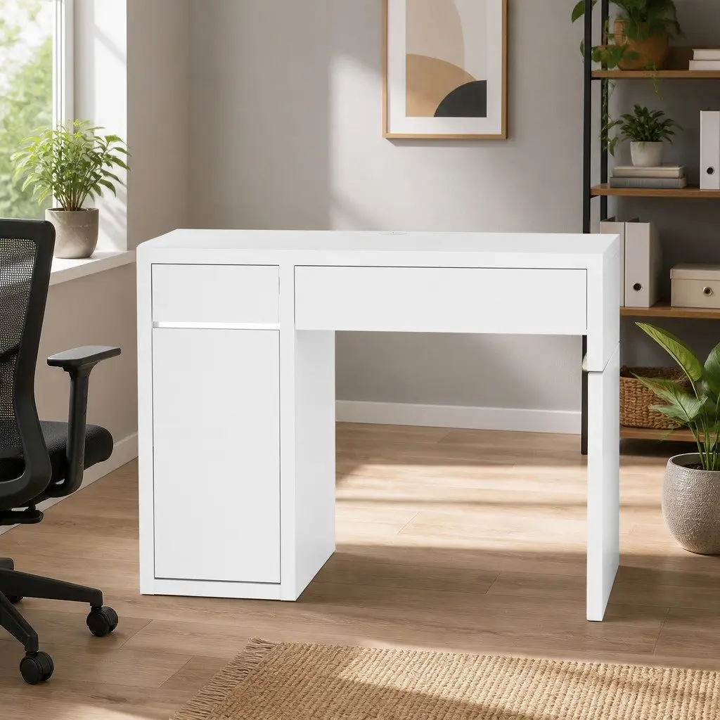 Computer Desk with 2 Drawers and 3-Tier Cabinet Storage White 105cm x 50cm x 75cm
