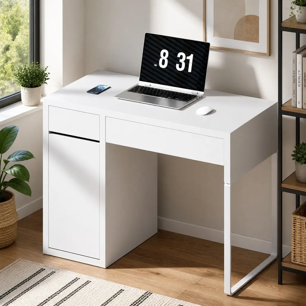 Computer Desk with 2 Drawers and 3-Tier Cabinet Storage White 105cm x 50cm x 75cm