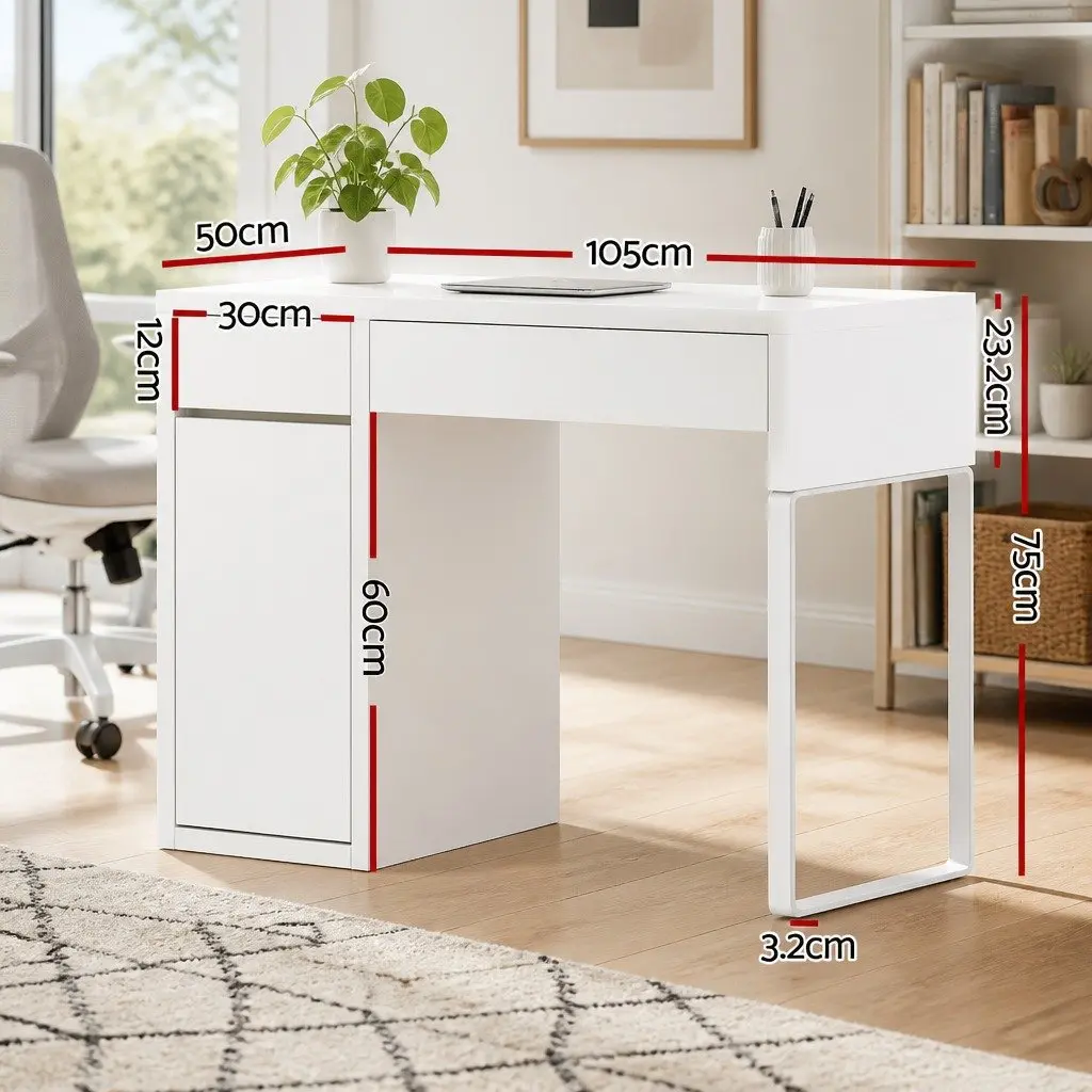 Computer Desk with 2 Drawers and 3-Tier Cabinet Storage White 105cm x 50cm x 75cm