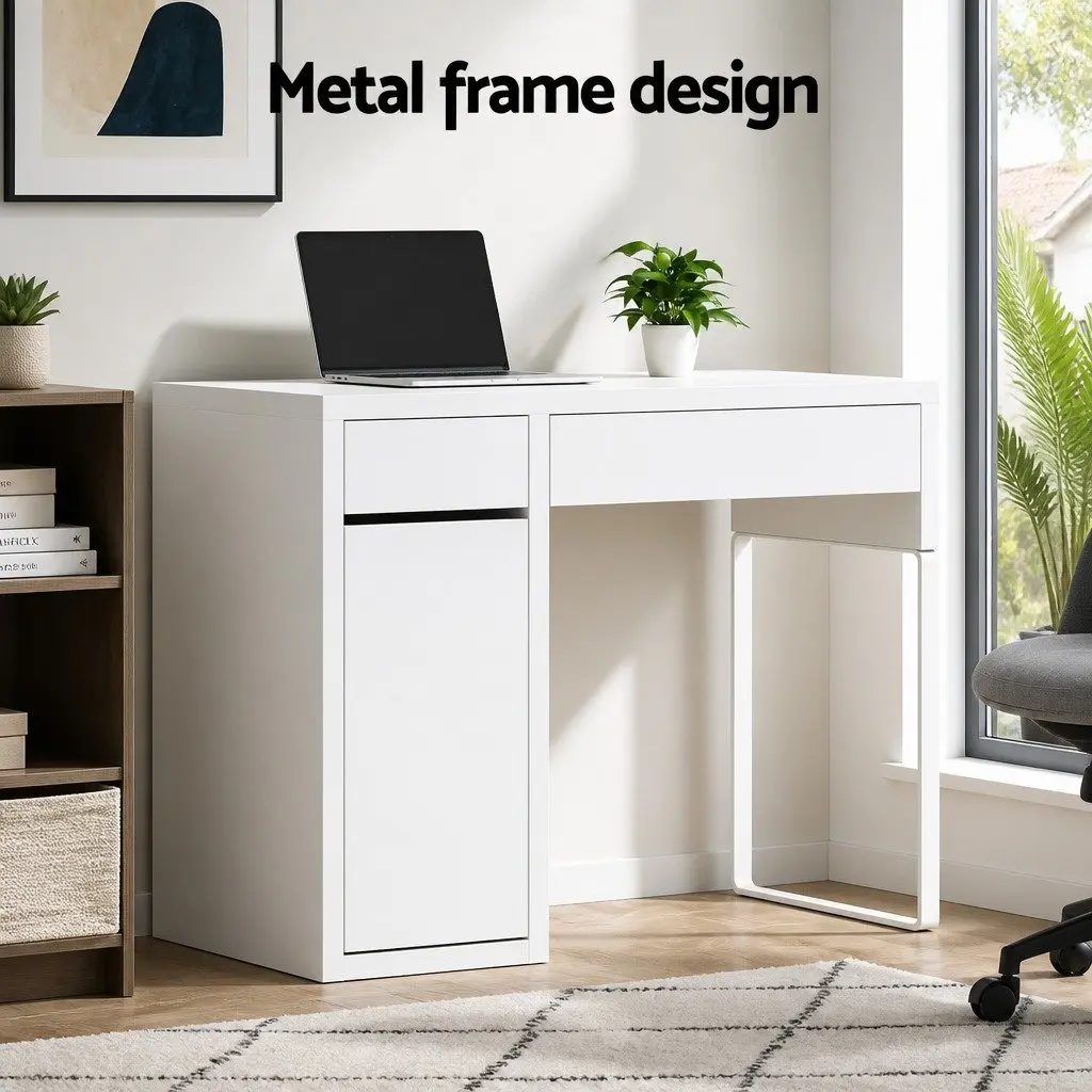 Computer Desk with 2 Drawers and 3-Tier Cabinet Storage White 105cm x 50cm x 75cm