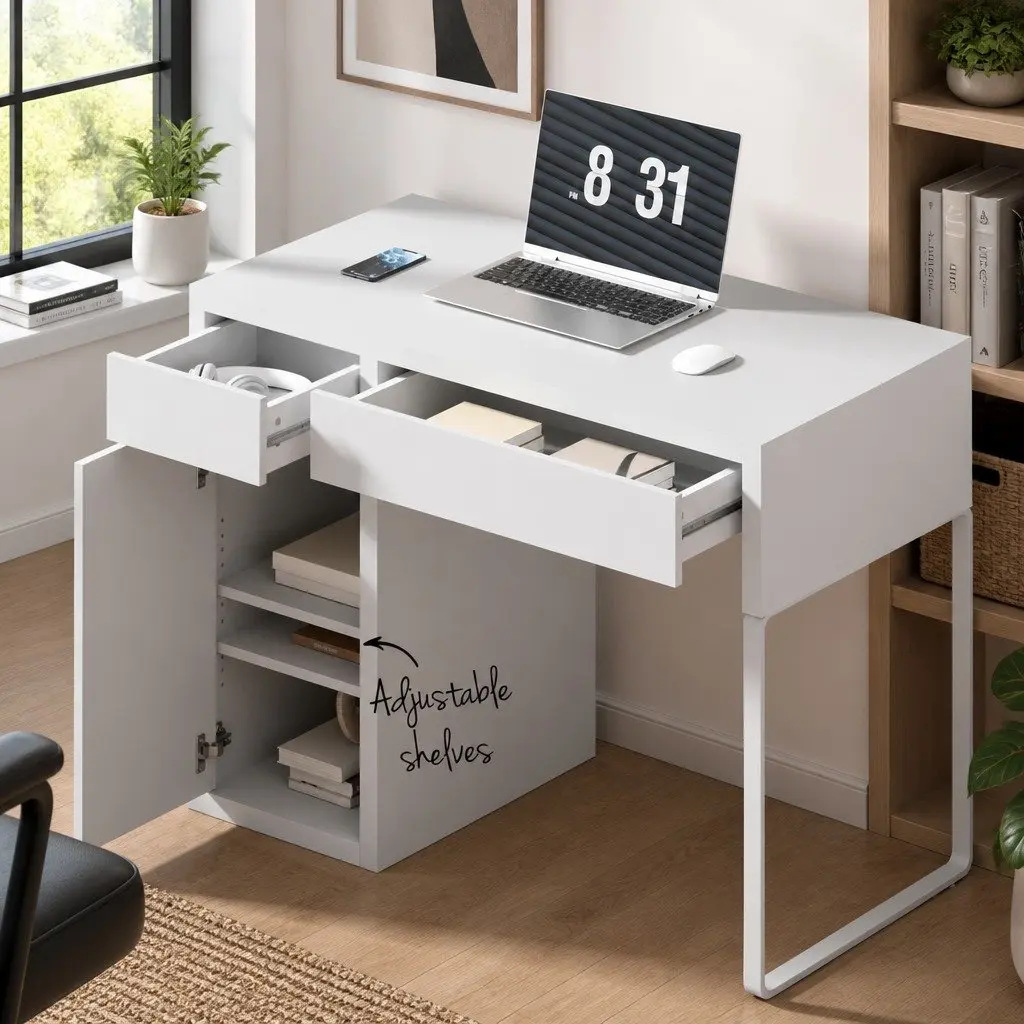 Computer Desk with 2 Drawers and 3-Tier Cabinet Storage White 105cm x 50cm x 75cm