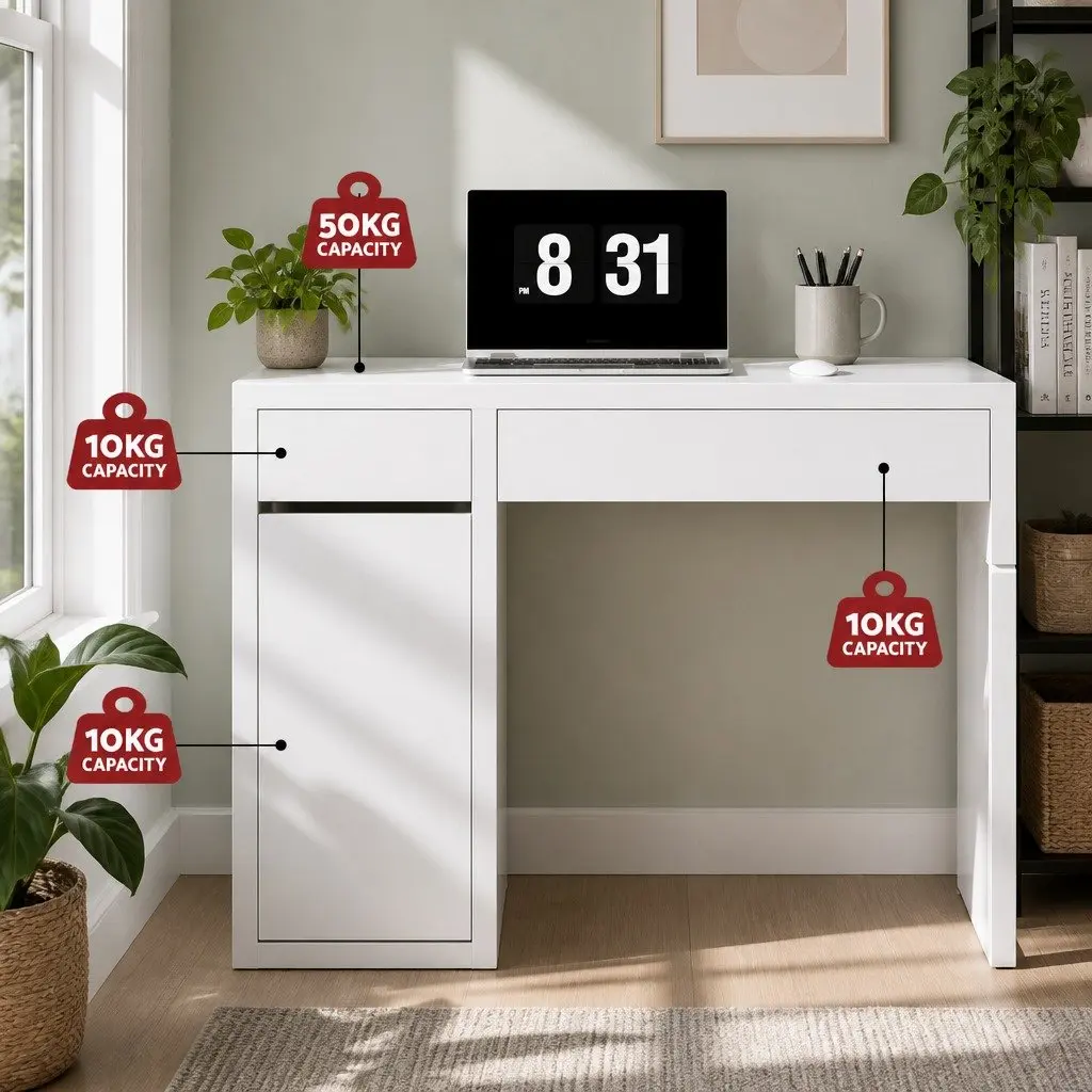 Computer Desk with 2 Drawers and 3-Tier Cabinet Storage White 105cm x 50cm x 75cm
