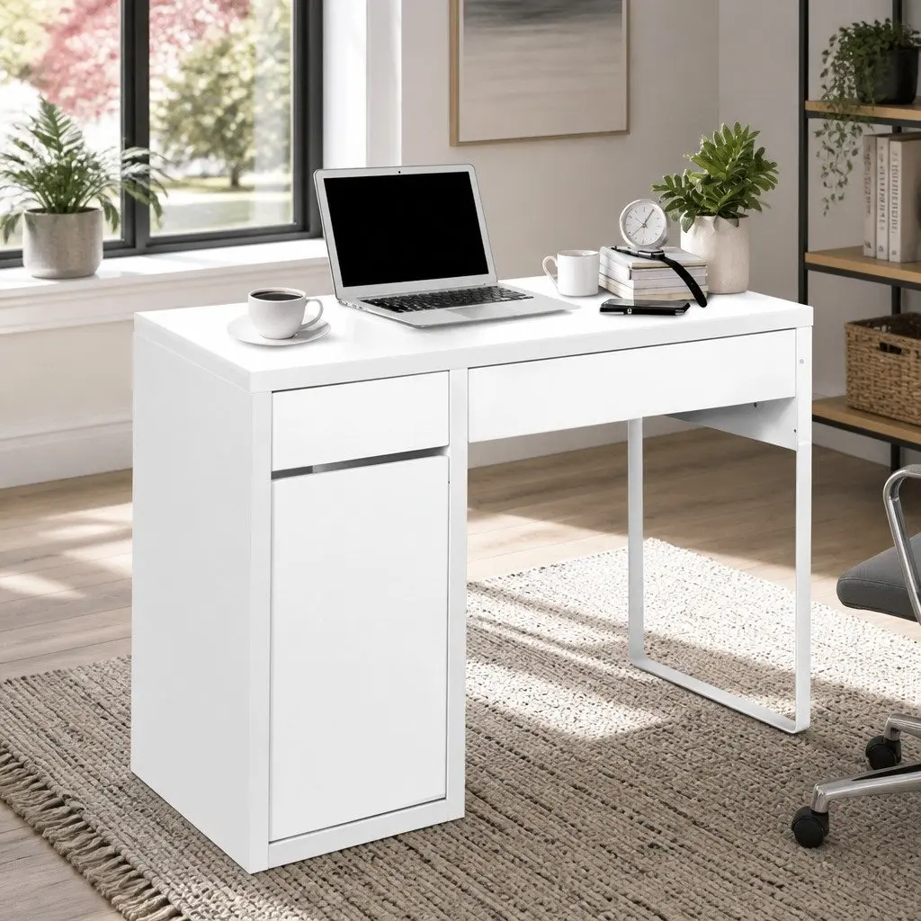 Computer Desk with 2 Drawers and 3-Tier Cabinet Storage White 105cm x 50cm x 75cm
