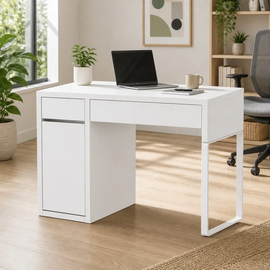Computer Desk with 2 Drawers and 3-Tier Cabinet Storage White 105cm x 50cm x 75cm