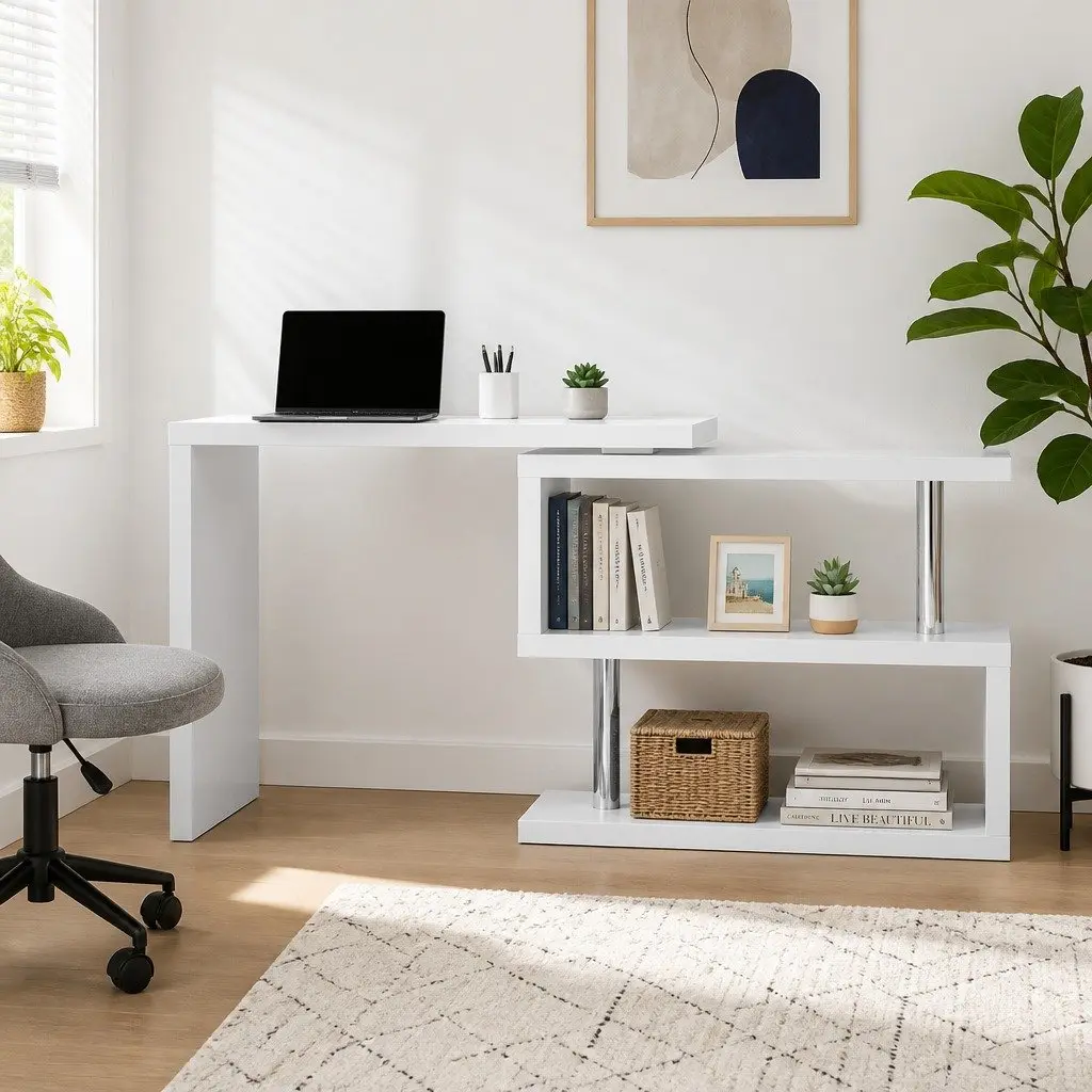 White L-Shaped Desk with Rotating Bookshelf and Dual Storage Tiers