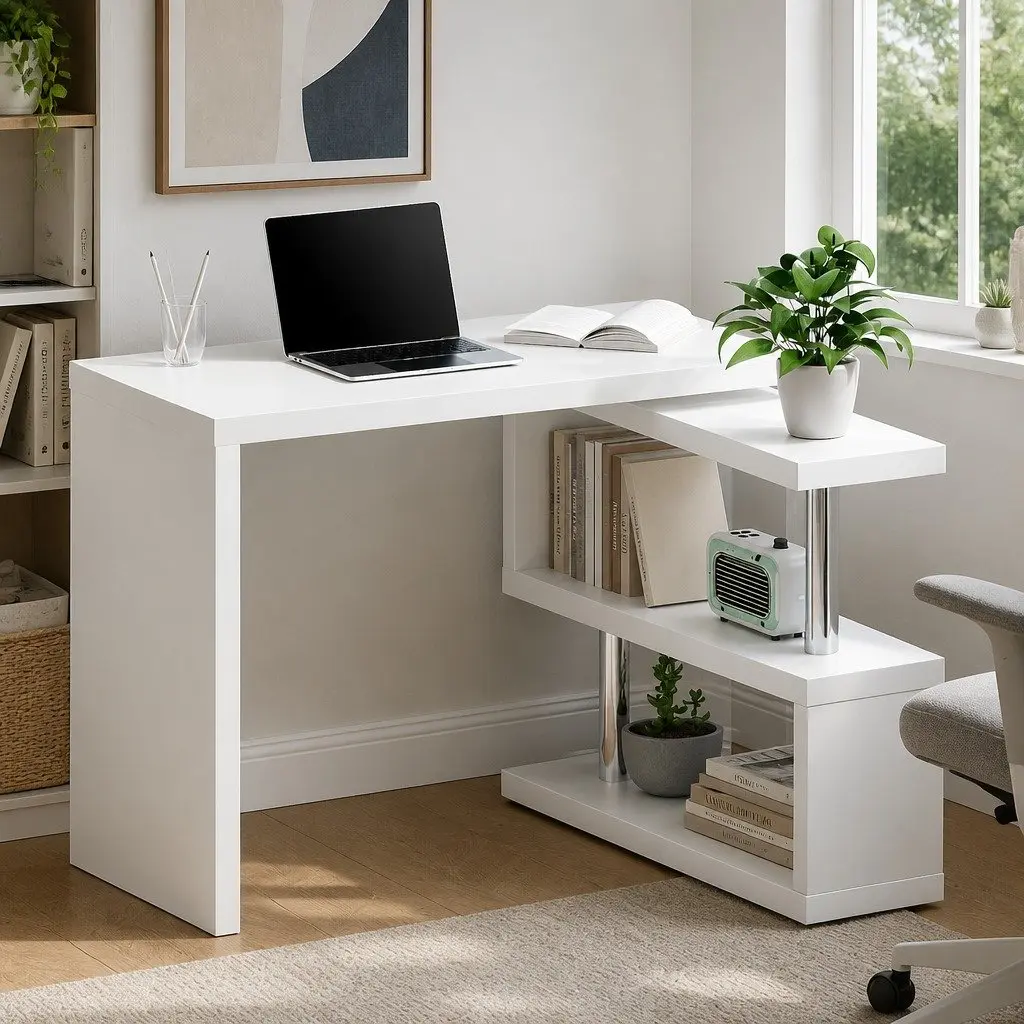 White L-Shaped Desk with Rotating Bookshelf and Dual Storage Tiers