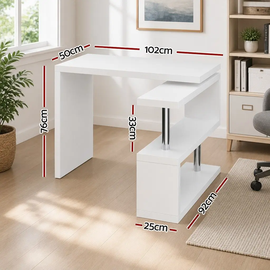 White L-Shaped Desk with Rotating Bookshelf and Dual Storage Tiers