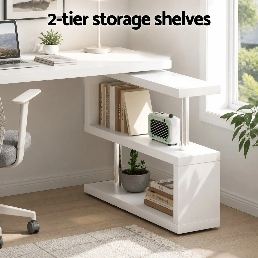 White L-Shaped Desk with Rotating Bookshelf and Dual Storage Tiers
