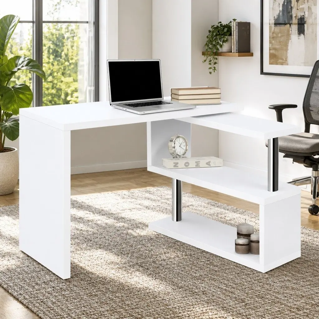 White L-Shaped Desk with Rotating Bookshelf and Dual Storage Tiers