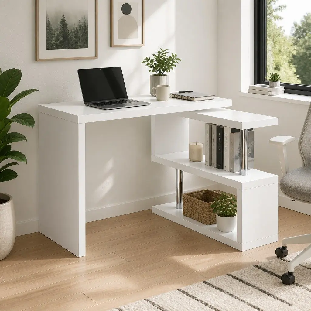 White L-Shaped Desk with Rotating Bookshelf and Dual Storage Tiers