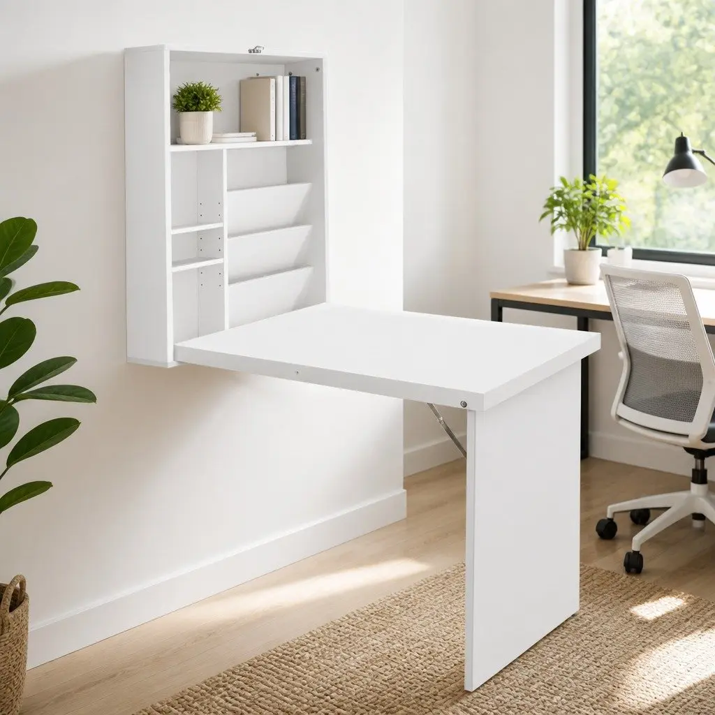 Foldable Wall Mount Computer Desk with Bookcase Storage White Fold Away Home