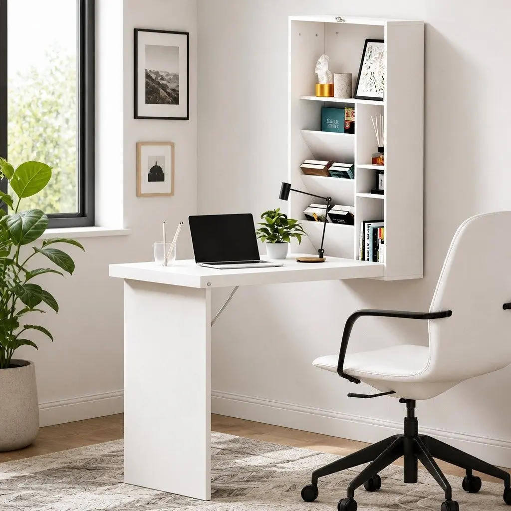 Foldable Wall Mount Computer Desk with Bookcase Storage White Fold Away Home