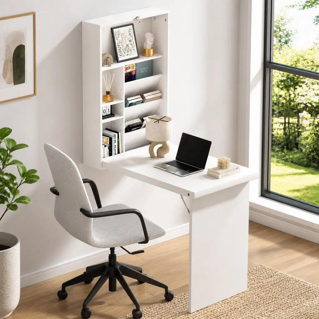 Foldable Wall Mount Computer Desk with Bookcase Storage White Fold Away Home