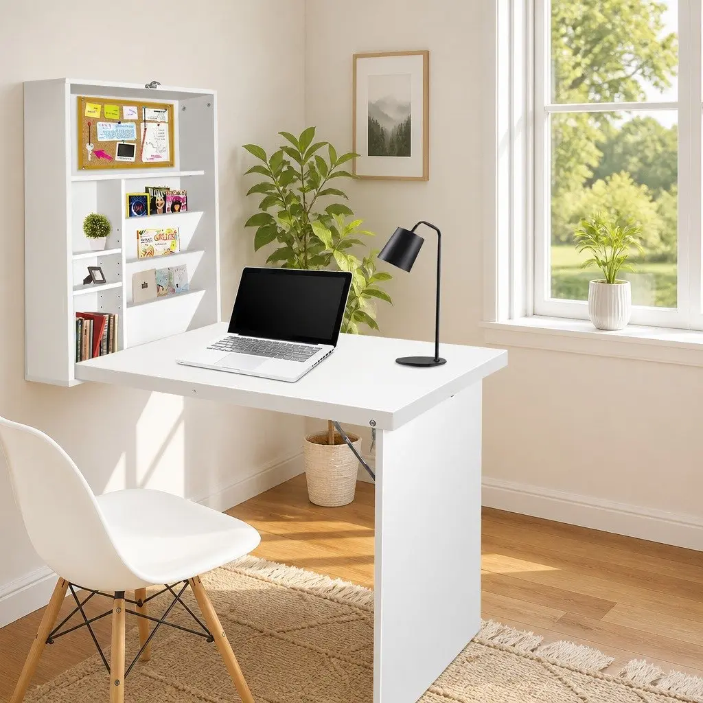 Foldable Wall Mount Computer Desk with Bookcase Storage White Fold Away Home