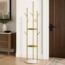 Coat Rack Stand 9 Hook Organizer with 3 Shelves Entryway Hall Storage Gold