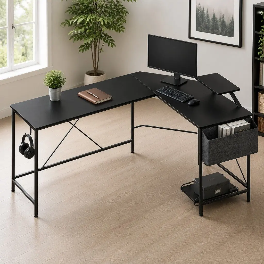 Corner Computer Desk L-Shaped Workstation with Monitor Stand CPU Stand Black