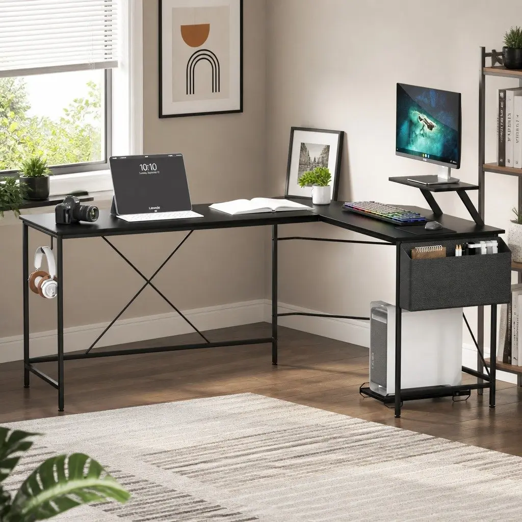 Corner Computer Desk L-Shaped Workstation with Monitor Stand CPU Stand Black