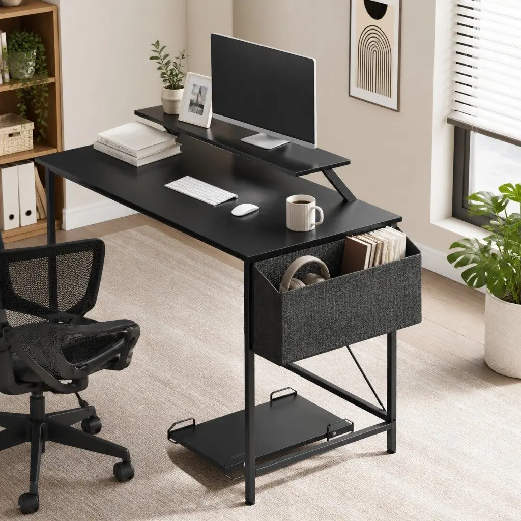 Corner Computer Desk L-Shaped Workstation with Monitor Stand CPU Stand Black