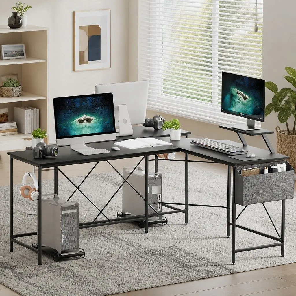 Corner Computer Desk L-Shaped Workstation with Monitor Stand CPU Stand Black